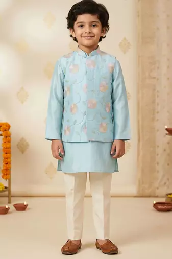 Boy's aqua silk blend embroidered knee length kurta, pyjama and jacket set