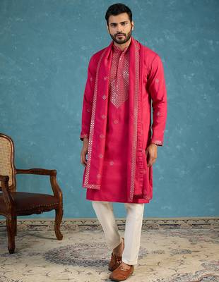 Pink silk blend solid embroidered kurta with dupatta & trouser set | trendy ethnic wear for women 5