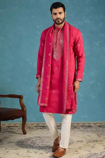 Pink silk blend solid embroidered kurta with dupatta & trouser set | trendy ethnic wear for women