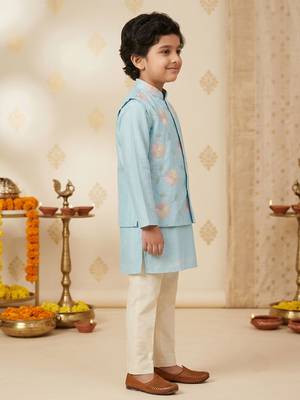 Boy's aqua silk blend embroidered knee length kurta, pyjama and jacket set 4