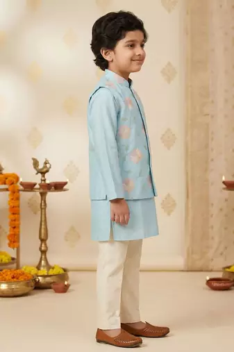 Boy's aqua silk blend embroidered knee length kurta, pyjama and jacket set