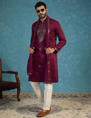Purple silk blend ethnic motifs embroidered kurta with dupatta & trouser set | trendy ethnic wear for women 1