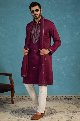 Purple silk blend ethnic motifs embroidered kurta with dupatta & trouser set | trendy ethnic wear for women