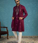 Purple silk blend ethnic motifs embroidered kurta with dupatta & trouser set | trendy ethnic wear for women