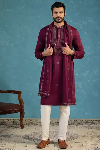 Purple silk blend ethnic motifs embroidered kurta with dupatta & trouser set | trendy ethnic wear for women