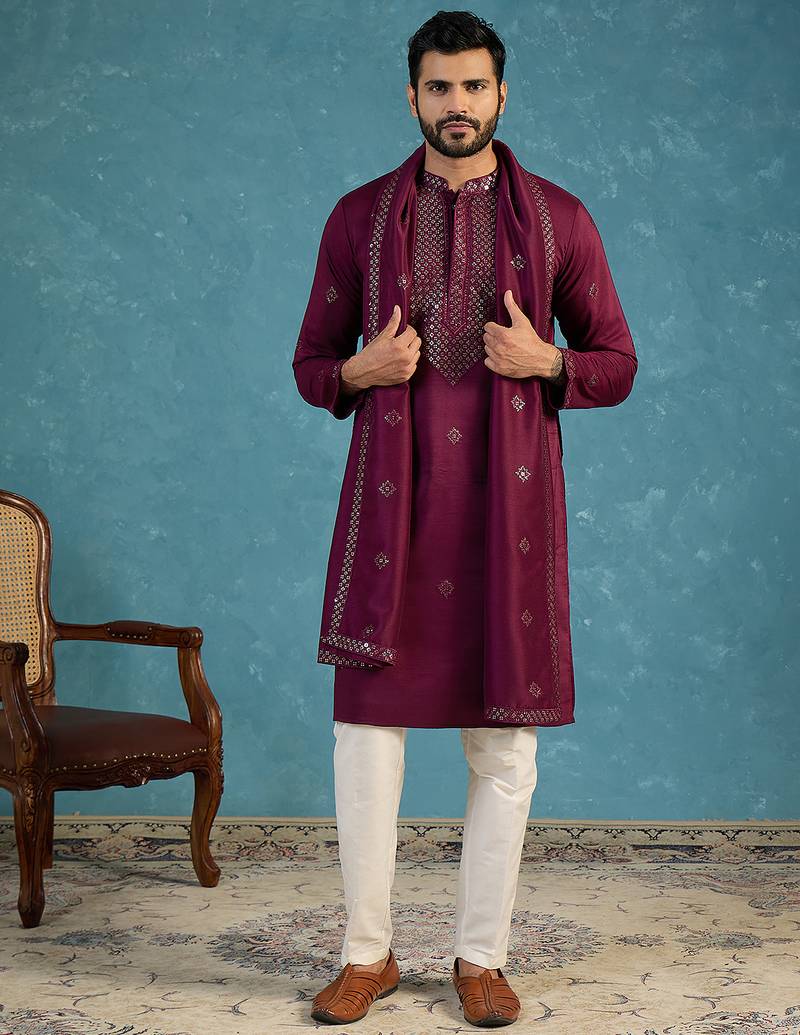 Purple silk blend ethnic motifs embroidered kurta with dupatta & trouser set | trendy ethnic wear for women