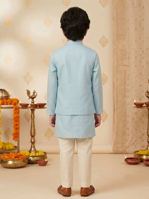 Boy's aqua silk blend embroidered knee length kurta, pyjama and jacket set 5