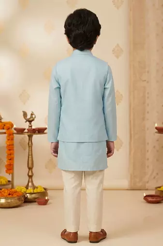 Boy's aqua silk blend embroidered knee length kurta, pyjama and jacket set