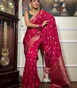 Pink silk blend jacuard work festival saree with unstitched blouse piece