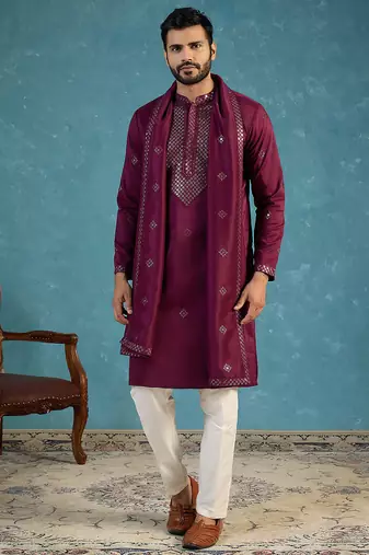 Purple silk blend ethnic motifs embroidered kurta with dupatta & trouser set | trendy ethnic wear for women