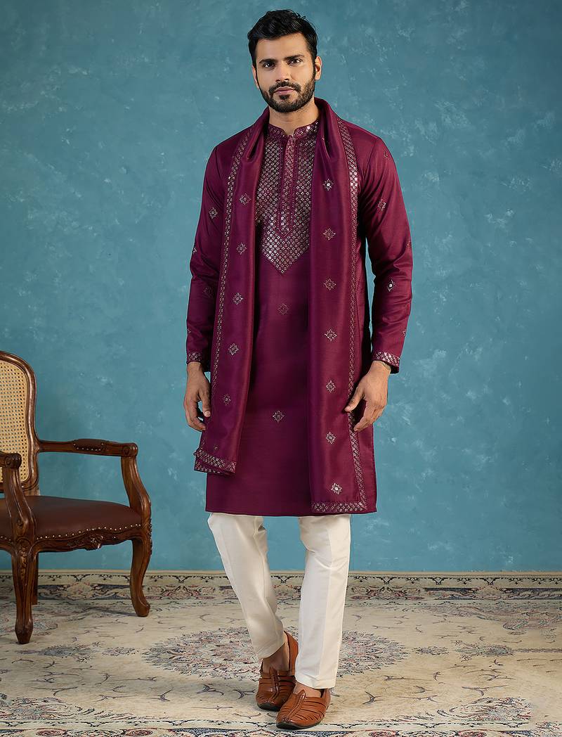 Purple silk blend ethnic motifs embroidered kurta with dupatta & trouser set | trendy ethnic wear for women