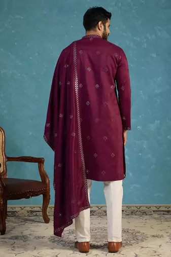 Purple silk blend ethnic motifs embroidered kurta with dupatta & trouser set | trendy ethnic wear for women