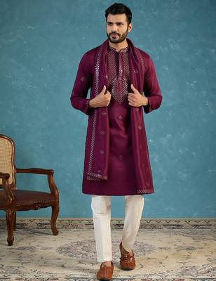 Purple silk blend ethnic motifs embroidered kurta with dupatta & trouser set | trendy ethnic wear for women 5