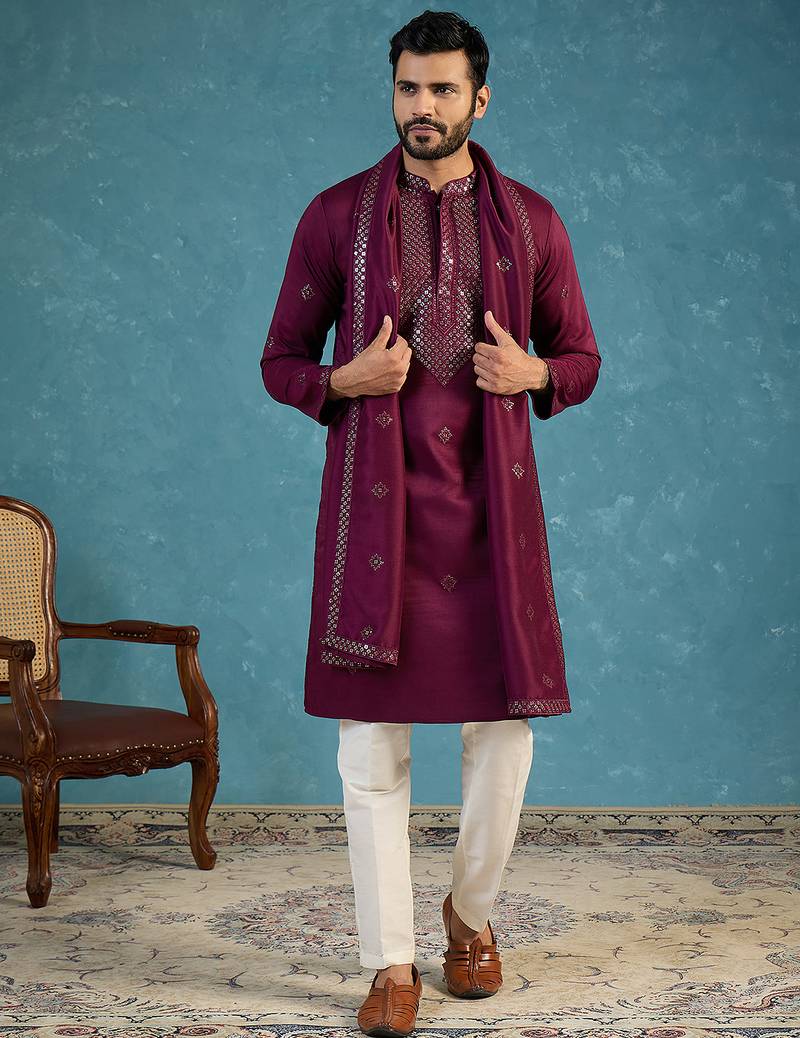 Purple silk blend ethnic motifs embroidered kurta with dupatta & trouser set | trendy ethnic wear for women