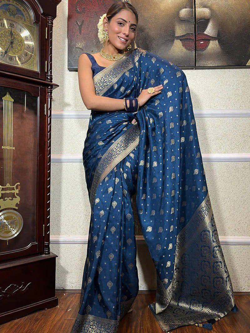 Rama silk blend jacuard work festival saree with unstitched blouse piece