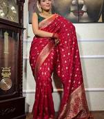 Red silk blend jacuard work festival saree with unstitched blouse piece