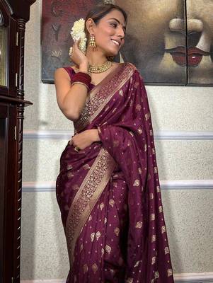 Wine silk blend jacuard work festival saree with unstitched blouse piece 1