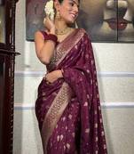 Wine silk blend jacuard work festival saree with unstitched blouse piece