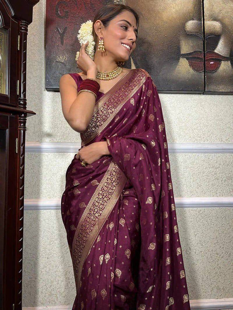 Wine silk blend jacuard work festival saree with unstitched blouse piece