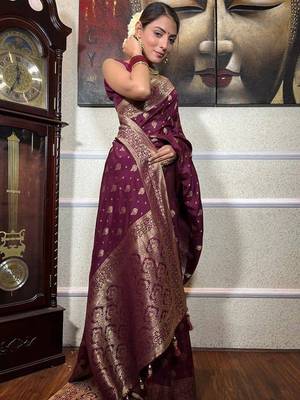 Wine silk blend jacuard work festival saree with unstitched blouse piece 2