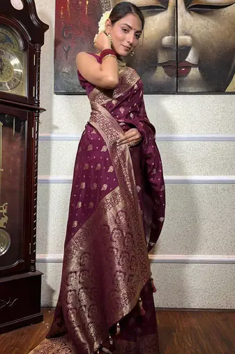 Wine silk blend jacuard work festival saree with unstitched blouse piece