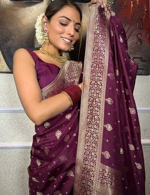 Wine silk blend jacuard work festival saree with unstitched blouse piece 3