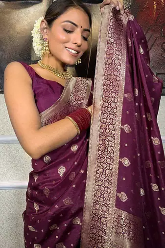 Wine silk blend jacuard work festival saree with unstitched blouse piece