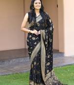 Black silk blend jacuard work festival saree with unstitched blouse piece