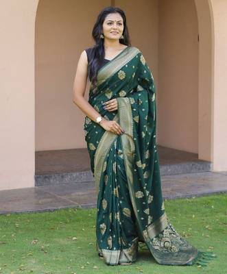 Green silk blend jacuard work festival saree with unstitched blouse piece 1