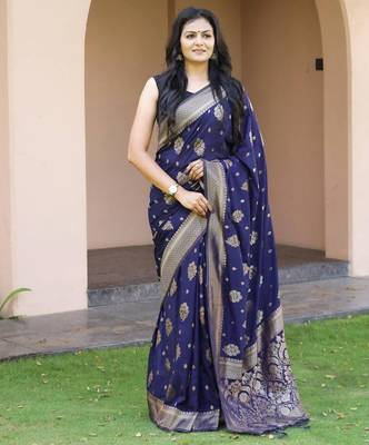 Navy blue silk blend jacuard work festival saree with unstitched blouse piece 1