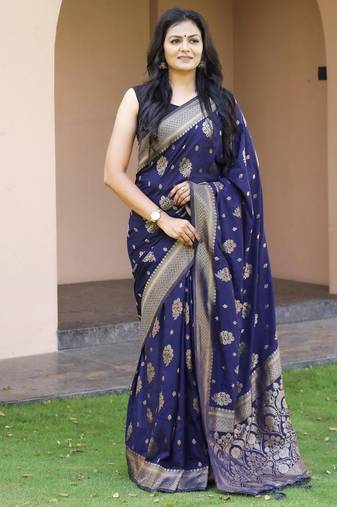 Navy blue silk blend jacuard work festival saree with unstitched blouse piece