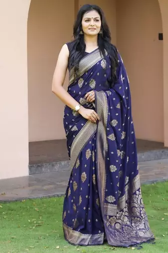 Navy blue silk blend jacuard work festival saree with unstitched blouse piece