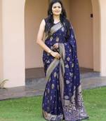 Navy blue silk blend jacuard work festival saree with unstitched blouse piece