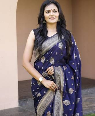 Navy blue silk blend jacuard work festival saree with unstitched blouse piece 2