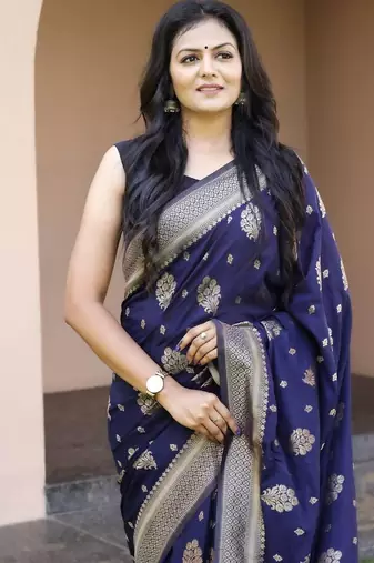 Navy blue silk blend jacuard work festival saree with unstitched blouse piece
