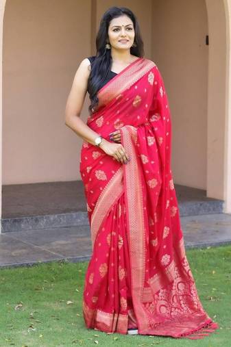 Rani pink silk blend jacuard work festival saree with unstitched blouse piece