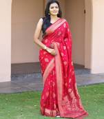 Rani pink silk blend jacuard work festival saree with unstitched blouse piece
