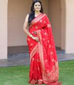 Red silk blend jacuard work festival saree with unstitched blouse piece