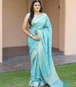 Sea green silk blend jacuard work festival saree with unstitched blouse piece