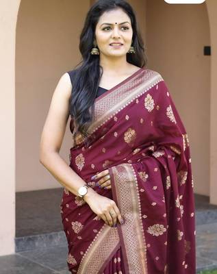 Wine silk blend jacuard work festival saree with unstitched blouse piece 2