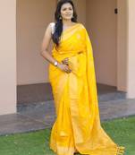 Yellow silk blend jacuard work festival saree with unstitched blouse piece