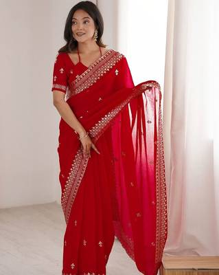 Red Embellished Zari Satin Heavy Work Saree 1