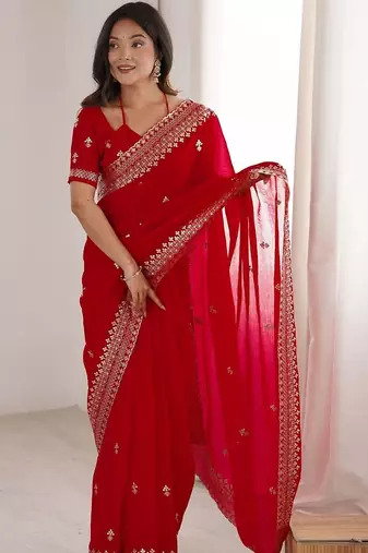 Red Embellished Zari Satin Heavy Work Saree