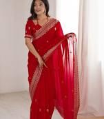 Red Embellished Zari Satin Heavy Work Saree