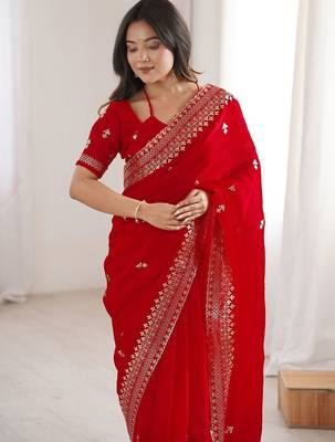 Red Embellished Zari Satin Heavy Work Saree 2