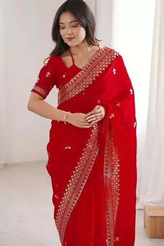 Red Embellished Zari Satin Heavy Work Saree