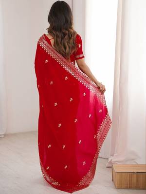 Red Embellished Zari Satin Heavy Work Saree 3