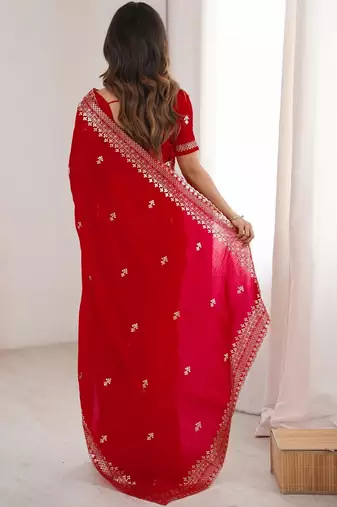Red Embellished Zari Satin Heavy Work Saree