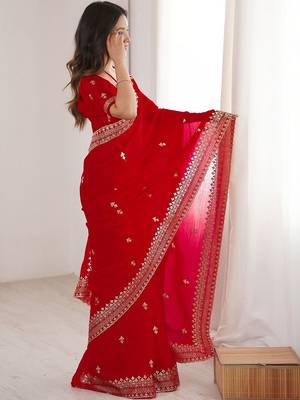 Red Embellished Zari Satin Heavy Work Saree 4