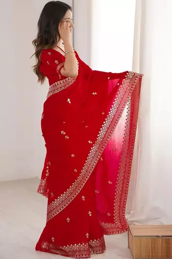 Red Embellished Zari Satin Heavy Work Saree